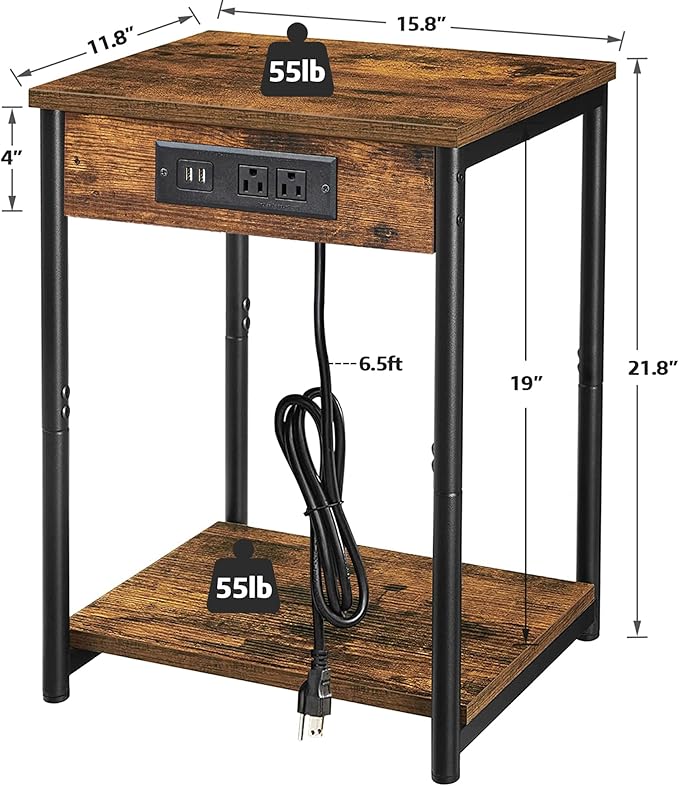 TUTOTAK Nightstand with Charging Station, End Table, Side Table with USB, 21.8”H Night Stand with Storage Shelf, Sofa Couch Table V1TB01BB025 (1 pc)