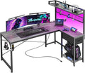 PRAISUN L Shaped Gaming Desk with Shelves, Corner Computer Table with LED Lights, Power Outlets and USB-C Ports, 50 Inch Reversible Home Office Desk with Storage Drawer, for Work and Study, Grey