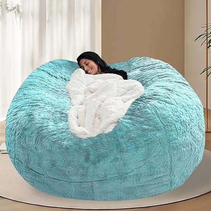 BCU Oversized Bean Bag Cover Comfy Beanbag Chair for Adults Without Filler Faux Fur Floor Chair Lazy Sofa Cover Comfy for Living Room Chairs, Blue Green, 5FT