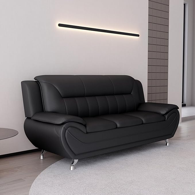 Container Furniture Direct Michael Modern Faux Leather Upholstered Stainless Steel Legs Living Room Sofa, Loveseat, Black