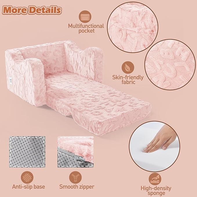 Kids Couch, 2-in-1 Convertible Kids Chair to Lounger Bed, Kids Sofa for Toddler Boys Girls, Ideal for Reading Sleeping Gaming Decor (Pink)