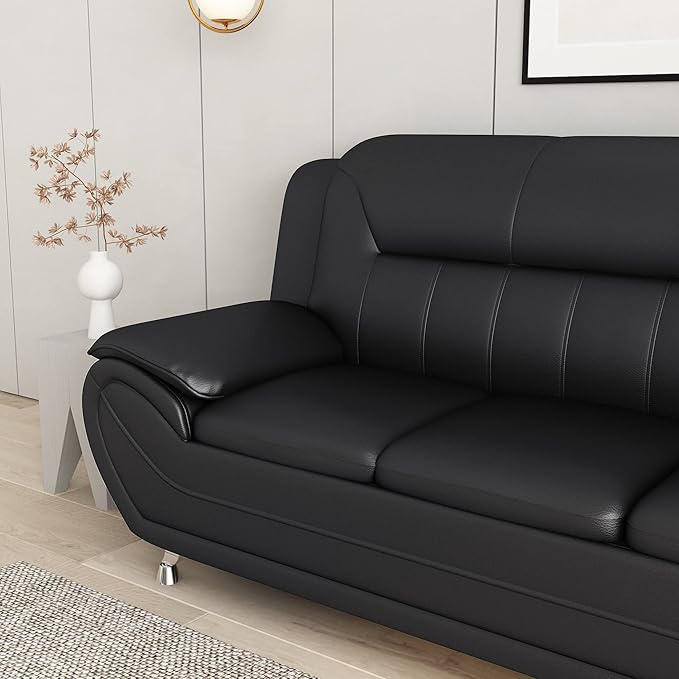Container Furniture Direct Michael Modern Faux Leather Upholstered Stainless Steel Legs Living Room Sofa, Black