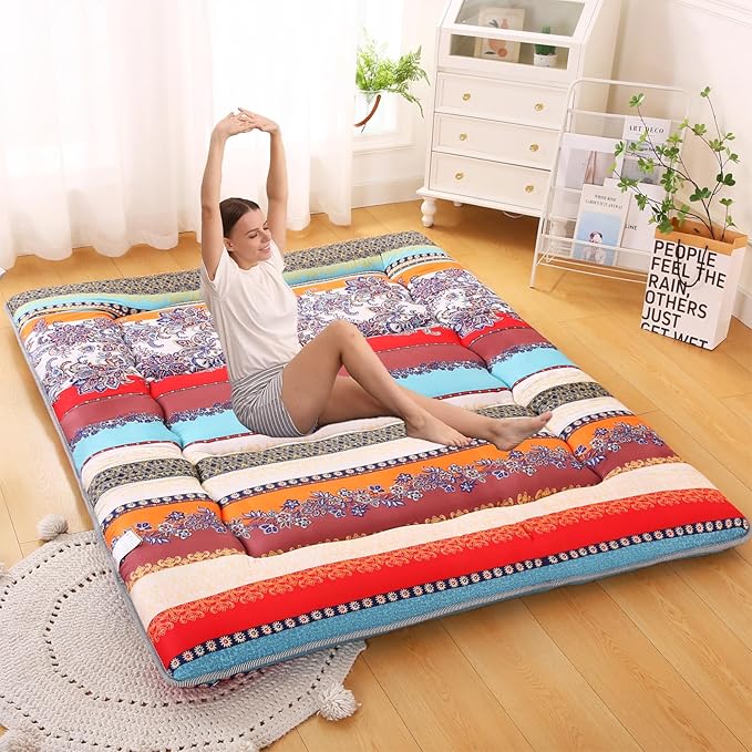 Bohemian Retro Japanese Floor Mattress, Vintage Floral Tatami Floor Mat, Portable Roll up Futon Mattress for Guest,Tavel (B,Full 80" X 47")
