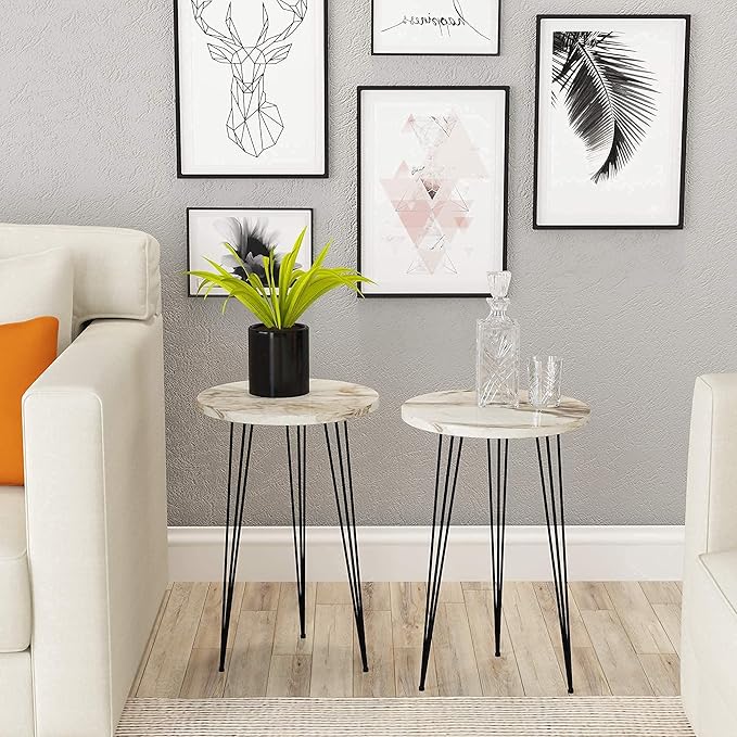 PAK HOME - Set of 2 End Table - White Marble Look Round Wood Sofa Side Coffee Tables for Small Spaces, Nightstand Bedside Table for Small Spaces