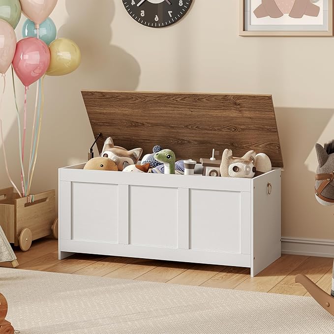 HOOBRO Storage Bench, 39.3" Retro Wooden Storage Chest, Wooden Storage Trunk, Toy Chest with Lift Top, Multifunctional Entryway Organizer, for Entryway, Living Room, White and Walnut WH141CW01