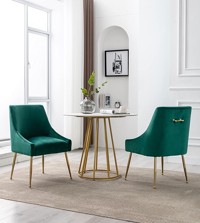 Modern Velvet Dining Chairs Set of 6, Contemporary Upholstered Furniture Collection with Polished Gold Metal Legs, Elegant Accent Chairs for Kitchen Living Room(Green)