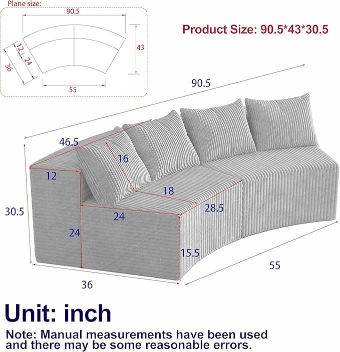 KEIKI Corduroy Curved Sectional Sofa, 2 Seater Symmetrical Modular Semi Circular Couch, Deep Seat Tufted Corner Sofa for Living Room, Lobby, Gray