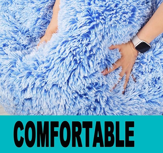 Fluffy Bean Bag Chair for Kids, 2.5FT Round Memory Foam Filled Bean Bag for Teens & Kids, Ultra Soft Faux Fur Fabric Bean Bag Chairs for Playroom, Living Room, Bedroom, Blue