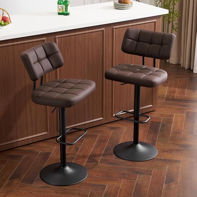 Furniliving Upholstered Bar Stools Set of 4, Faux Leather Swivel Bar Stools with Back, Adjustable Counter Height Barstools for Kitchen Island, Dining Space, Brown