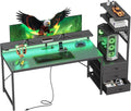 PRAISUN 61.7" Gaming Desk with LED Lights & Outlets, Computer Desk with 3 Fabric Drawers, PC Desk with PC Case Stand & Movable Storage Shelves, Monitor Stand, Reversible, Carbon Fiber Black