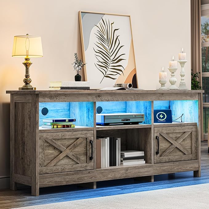 YITAHOME TV Stand for 65 Inch TVs, Entertainment Center with Storage Cabinets, Power Outlet & LED Light, Media Console Living Room Furniture, Washed Gray
