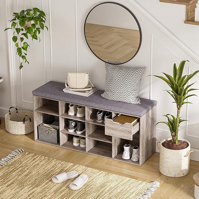 DINZI LVJ Shoe Bench, Entryway Storage Bench with Drawer and 11 Cubbies, Cubby Shoe Rack with Adjustable Shelves, Organizer Cabinet for Living Room, Bedroom, Mudroom, Closet and Garage, Greige