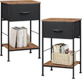 WLIVE Nightstand Set of 2, End Table with Fabric Storage Drawer and Open Wood Shelf, Bedside Furniture with Steel Frame, Side Table for Bedroom, Dorm, Black and Rustic Brown, 25.03" Height
