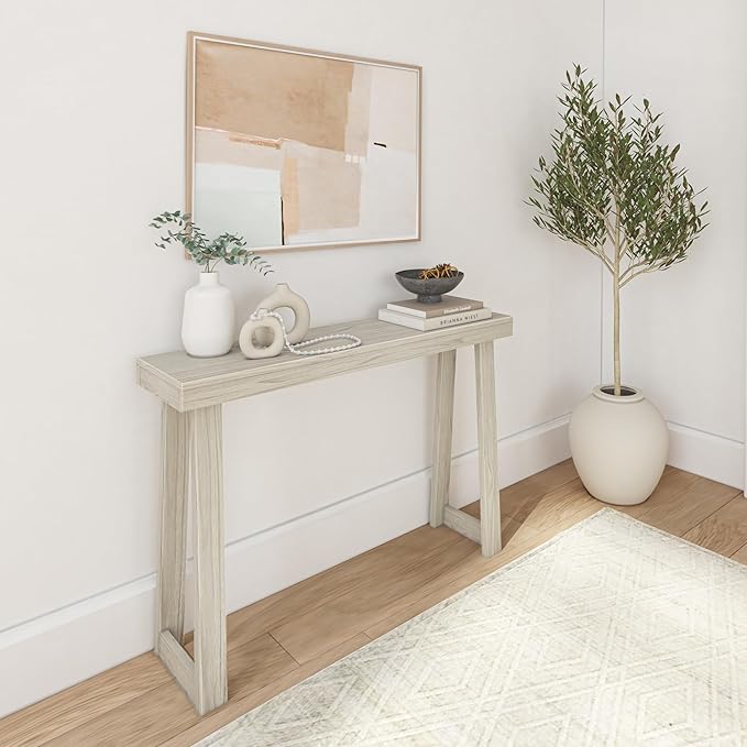 Plank+Beam Solid Wood Console Table, 46.25 Inch, Sofa Table, Narrow Entryway Table for Hallway, Behind The Couch, Living Room, Foyer, Easy Assembly, Coastal White