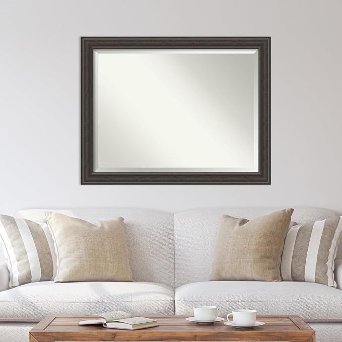 Amanti Art Brown Wall Mirror 36x46 Shipwreck Greywash Rectangle Bathroom Mirror for Wall Decor Living Room, X-Large Traditional Frame, Hangs Horizonally and Vertically, Bathroom Decor, Beveled Edge