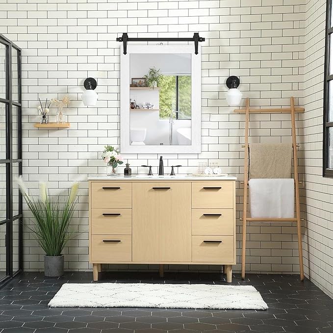 Farmhouse Bathroom Mirrors for Over Sink 26”x40” White Rustic Wall Decor Mirror for Vanity Barn Door Style Wall Mirror for Bathroom Entryway Living Room Bedroom
