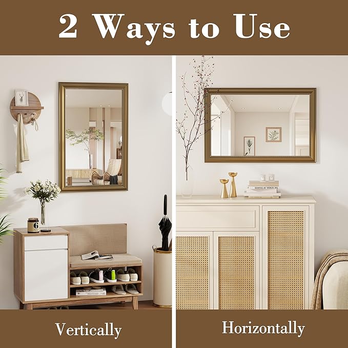 Axeman 28x36 Rectangular Wall Mirror, Decorative Bathroom Mirror, Traditional Vintage Wall Mounted Mirror with Beaded Frame for Accent Living Room Vanity Bedroom Entryway, Gold