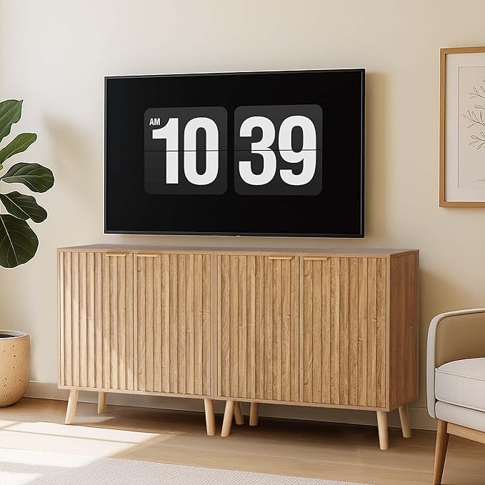 Pamapic Fluted Storage Cabinet, Sideboard Buffet Cabinet with Storage, Wood Credenza with Adjustable Shelves, Modern Accent Cabinet for Living Room, Kitchen, Entryway, Natural(2, Oak)