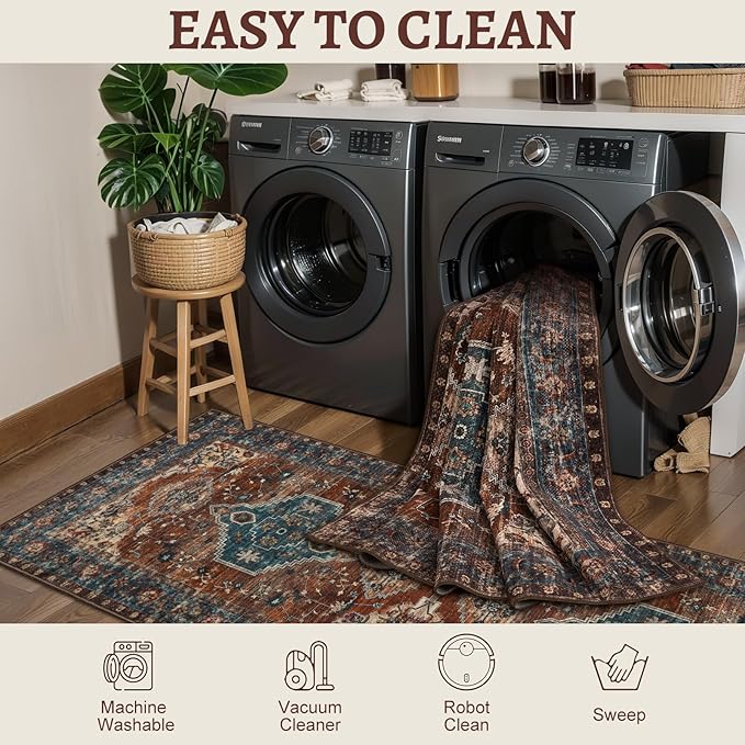 Tangsoo 5x7 Area Rug Washable Rug for Living Room, Vintage Indoor Non Slip Large Area Rugs, Print Distressed Rust Carpet, Soft Low Pile Foldable Floor Rug for Bedroom Dining Room Dorm