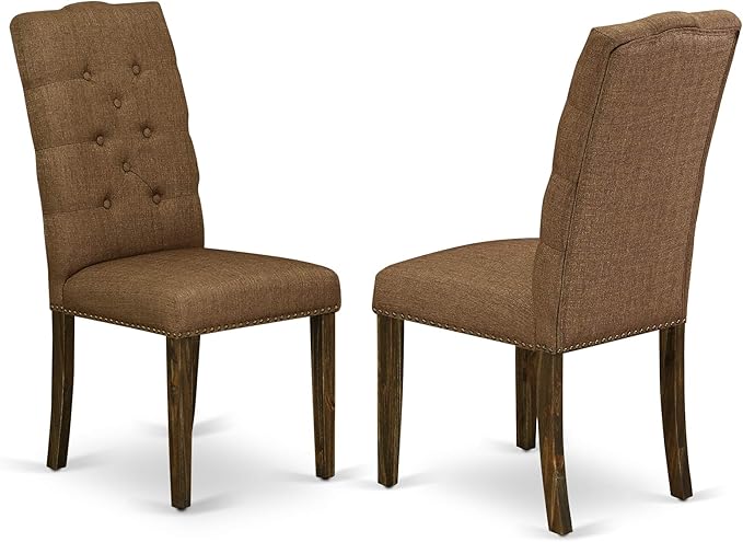 East West Furniture F3EL7-718 7 Piece Kitchen Table Set Consist of a Round Dining Table with Pedestal and 6 Brown Linen Linen Fabric Parsons Dining Chairs, 48x48 Inch, Distressed Jacobean