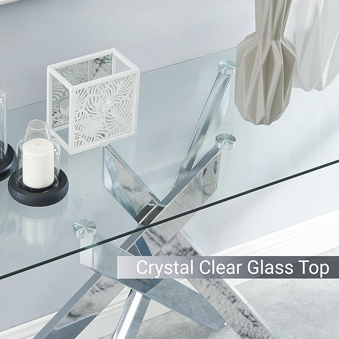 Modern Style Console Table Narrow Sofa Table with Tempered Glass Top and Metal Tubular Legs, 45" Lx18 Wx30 H, Silver
