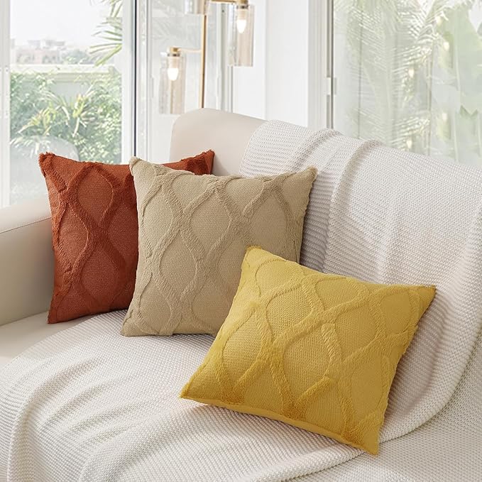 decorUhome Fall Throw Pillow Covers 20x20 Inch Set of 2, Soft Plush Faux Fur Wool Mustard Yellow Couch Pillow Covers, Decorative Neutral Pillow Cases for Bed Sofa Living Room Home Decor