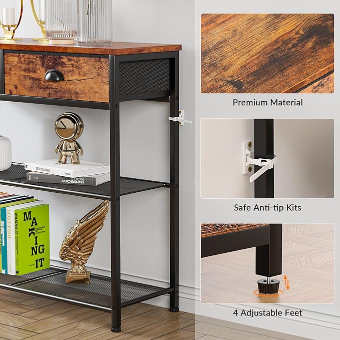 Furologee Console Sofa Table with Storage Shelf for Entry Way, Small 30'' Entryway Table with 2 Fabric Drawers, Industrial Display Shelves for Hallway, Entrance, Foyer, Rustic Brown