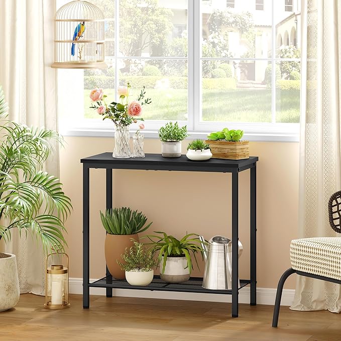 Hoctieon 2 Tier End Table, Sofa Side Table, Narrow Side Table with Storage, Slim Nightstand for Small Spaces, Metal Frame, for Living Room, Bedroom, Sofa Couch, Hall, Black