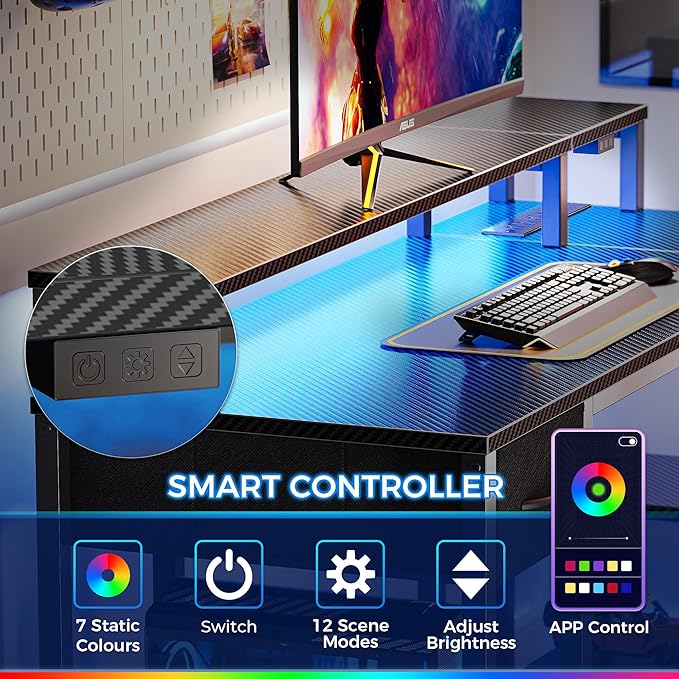SUPERJARE 53 inch Reversible L Shaped Desk with LED Lights & Power Outlets, Computer Desk with Shelves & Monitor Stand, Gaming Desk with Drawer, Home Office Desk Corner Desk, Carbon Fiber Black
