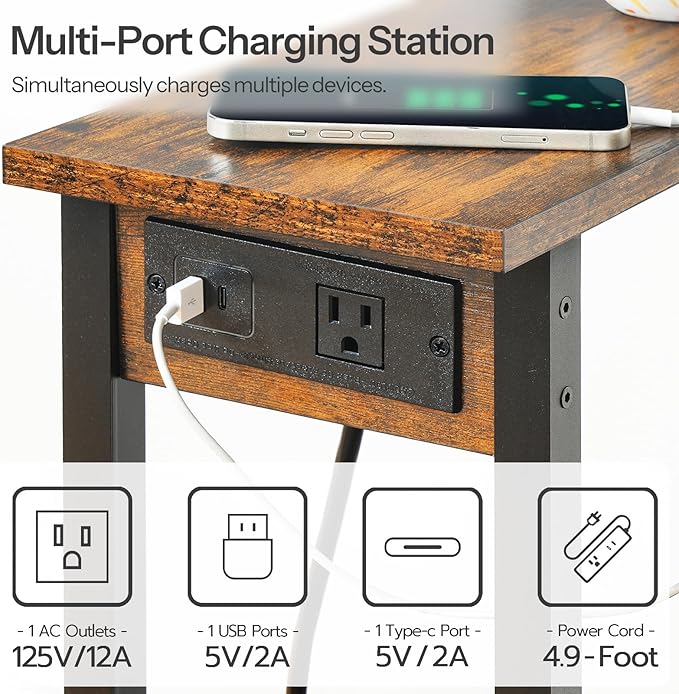 HOOBRO Small End Table with Charging Station, Narrow Side Table with USB Port and Outlets, Skinny Sofa Table, Slim Nightstand, Living Room, Bedroom, Rustic Brown and Black BF240UBZ01