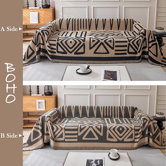HANDONTIME Boho Geometric Couch Covers for Sofa Pet Friendly Taupe and Black Sofa Covers Washable Chenille Couch Blanket Cover for 3 4 Cushion Couches Pet Protector Furniture Cover Soft, 71" X 150"