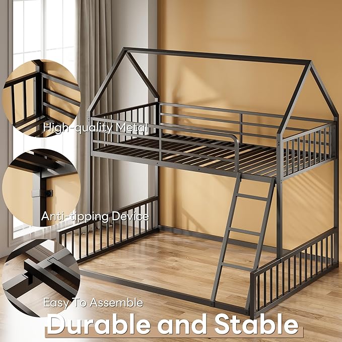 LIKIMIO Bunk Bed Twin Over Full Size, House Bunk Bed Frame with Ladder and Guardrail, House Shaped with Metal Slats Support No Box Spring Needed Space Saving for Bedroom and Dorm, Black