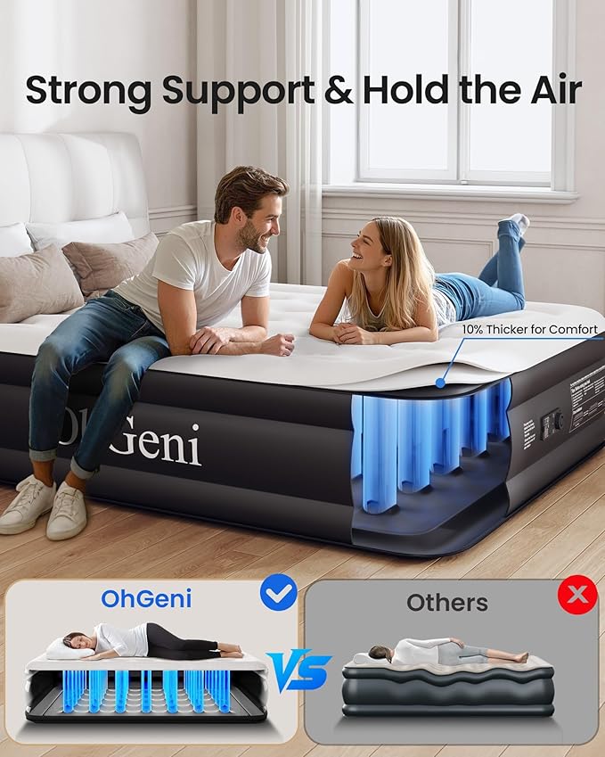 OhGeni Twin Air Mattress with Built in Pump for Guest, 18in Tall Colchon Inflables Blow Up Air Bed with Carrying Bag for Camping, Raised Elevated Double Airbed, Foldable & Portable Air Mattress, Black