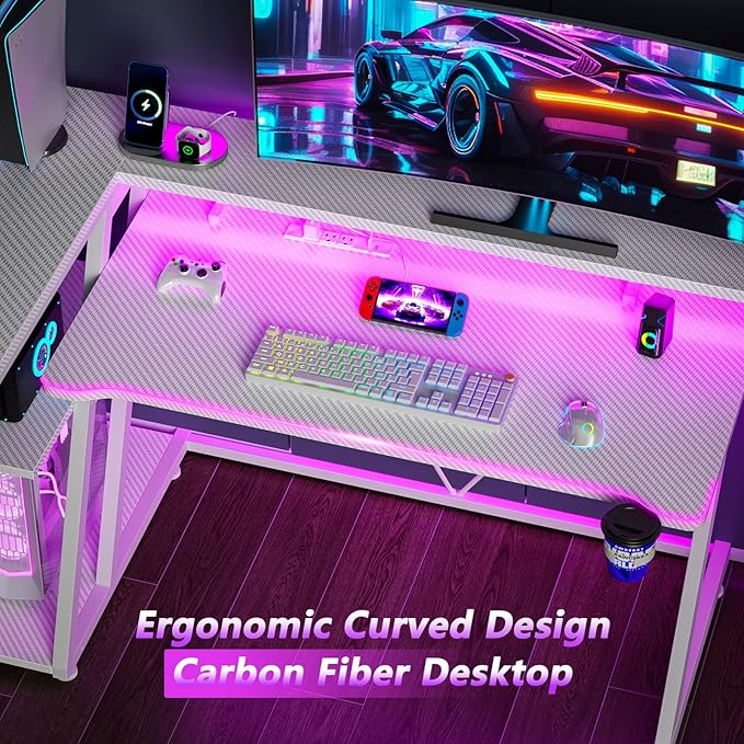 47 Inch White Gaming Desk with Power Outlet & LED Lights, Corner Computer Desk with 3 Tiers Storage Shelves, L Shaped Gaming Desk with Monitor Stand for Bedroom