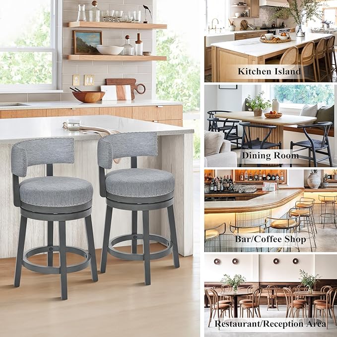 COLAMY Swivel Counter Height Bar Stools Set of 3, 25 Inch Modern Upholstered Kitchen Island Barstools with Back, Wood Swivel Bar Chairs for Counter Bar Dining Room, Grey