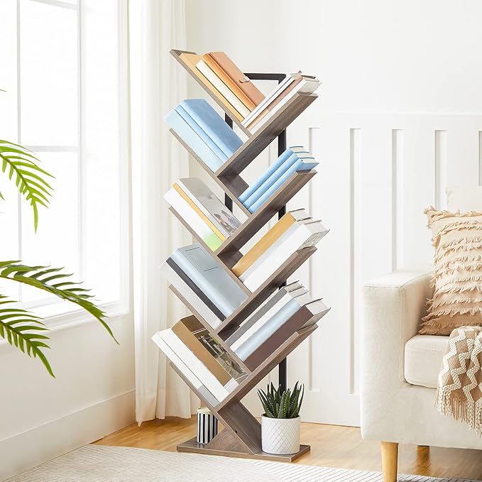 HOOBRO Tree Bookshelf, 9-Tier Bookcase Wooden Shelves, Floor Standing Storage Rack, for Display of CDs, Books in Living Room, Home Office, Wood Storage Rack for Bedroom, Greige BG08SJ01G1