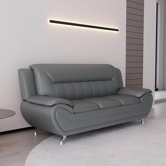 Container Furniture Direct Michael Modern Faux Leather Upholstered Stainless Steel Legs Living Room Sofa, Gray