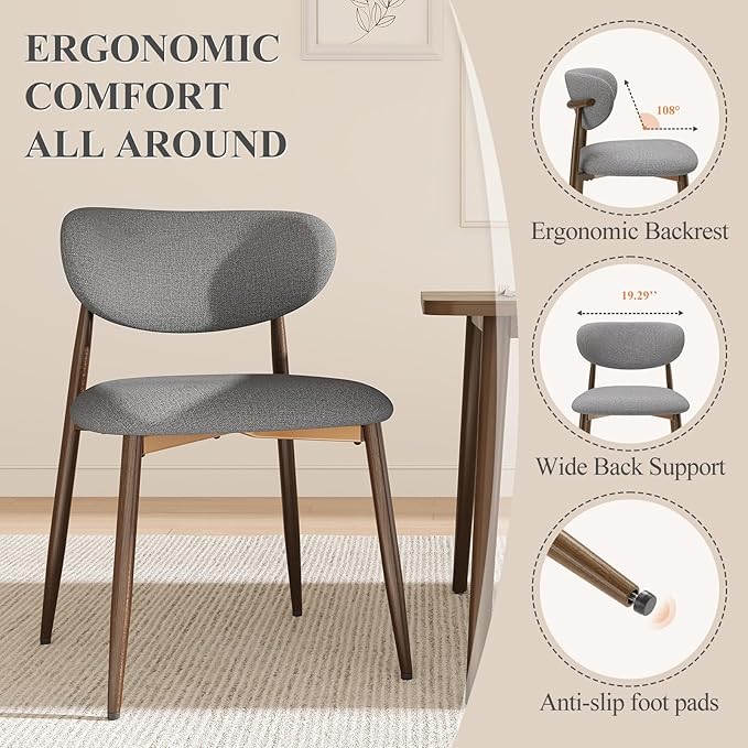 Dining Chairs Set of 4, Ergonomic Fabric Upholstered Seating with Wood Look Metal Legs and Anti Slip Pads, for Home and Restaurant Use, Light Grey