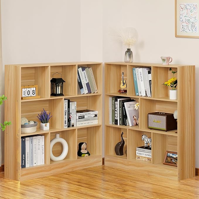 LEYAOYAO 8 Cube Bookshelf with Base,3 Tier Mid-Century Modern Natural Bookcase,Standing Wide Bookshelves Storage Organizer Shelf,Rustic Wood Display Cabinet Book Shelves for Bedroom,Living Room,Office