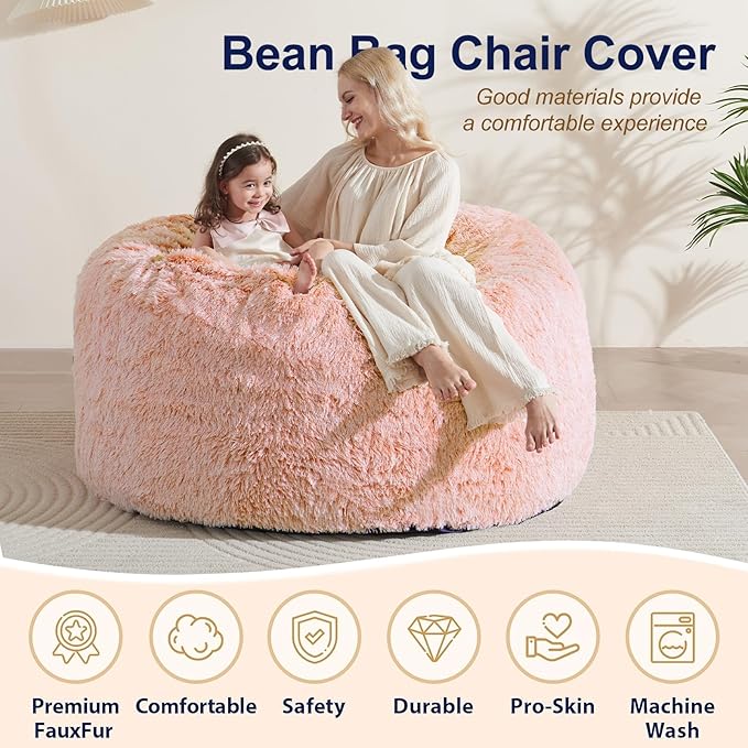 Bean Bag Cover(No Filler), Faux Fur Comfy Bean Bag Chairs for Adults, Washable Bean Bag Chair Cover, Fluffy Plush Giant Bean Bags Chairs for Teens Kids Girls, Anti-Slip, 5FT, Orange
