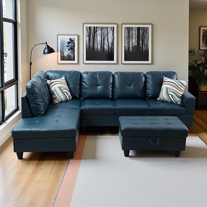 Osparple Sectional Couches for Living Room PU Leather L Shaped Couch 3 Pieces Modular Sectional Sofa with Storage Ottoman for Living Room and Small Apartment, Peacock Blue