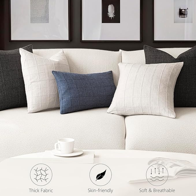 Foindtower Set of 2 Decorative Linen Check Throw Pillow Covers Neutral Farmhouse Lumbar Cushion Covers Modern Boho Home Decor for Sofa Chair Couch Bedroom Living Room Outdoor,12×20 Inch,Cream White