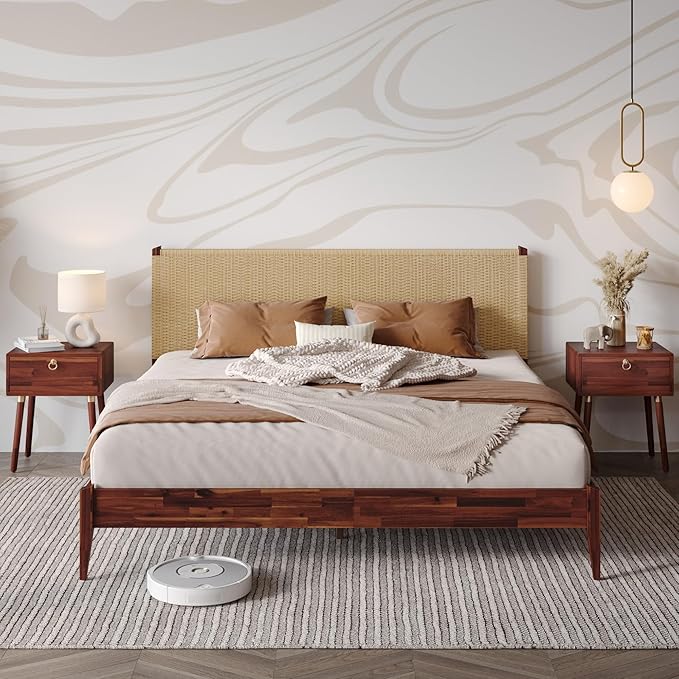 Bme Selina King Bed Frame and Headboard - Handcrafted Paper Cord Headboard, 12-Slat Support, No Box Spring Needed - Easy Assembly, Dark Chocolate