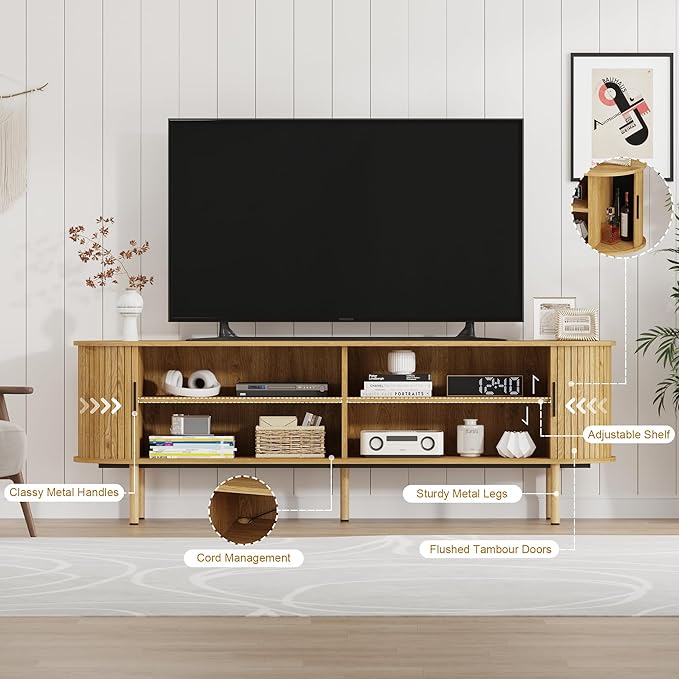 70.1" TV Stand, Modern TV Console Table with Storage Compartment and Sliding Door, Gaming Entertainment Center with Cabinet for Living Room, Bedroom, Office, Oak