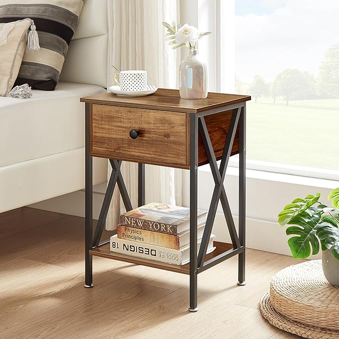 VECELO Nightstands Set of 2, Modern Bedside End Tables, Night Stands with Drawer and Storage Shelf for Living Room Bedroom, Industrial Metal Frame