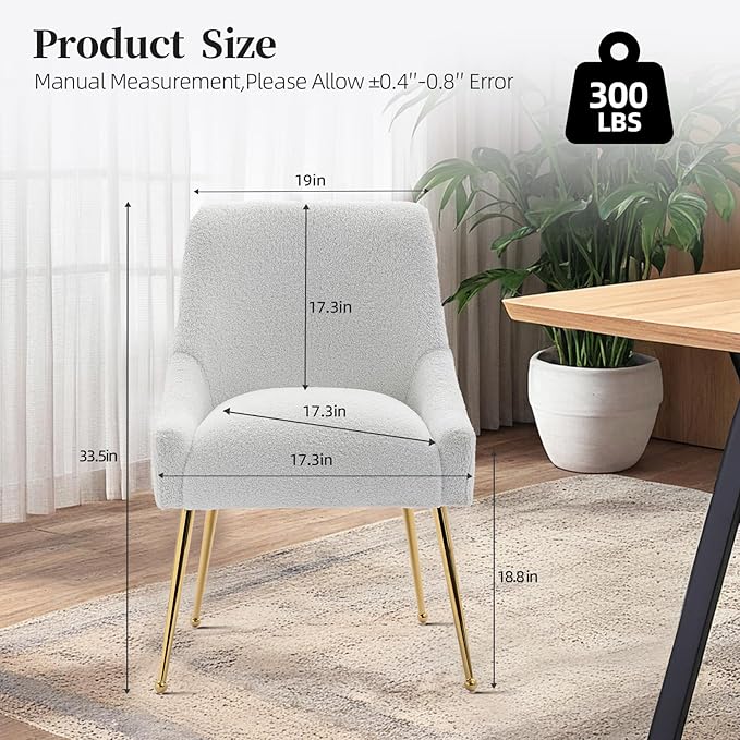 Modern Velvet Dining Chairs Set of 6, Contemporary Upholstered Furniture Collection with Polished Gold Metal Legs, Elegant Accent Chairs for Kitchen Living Room(Teddy Fleece,White)