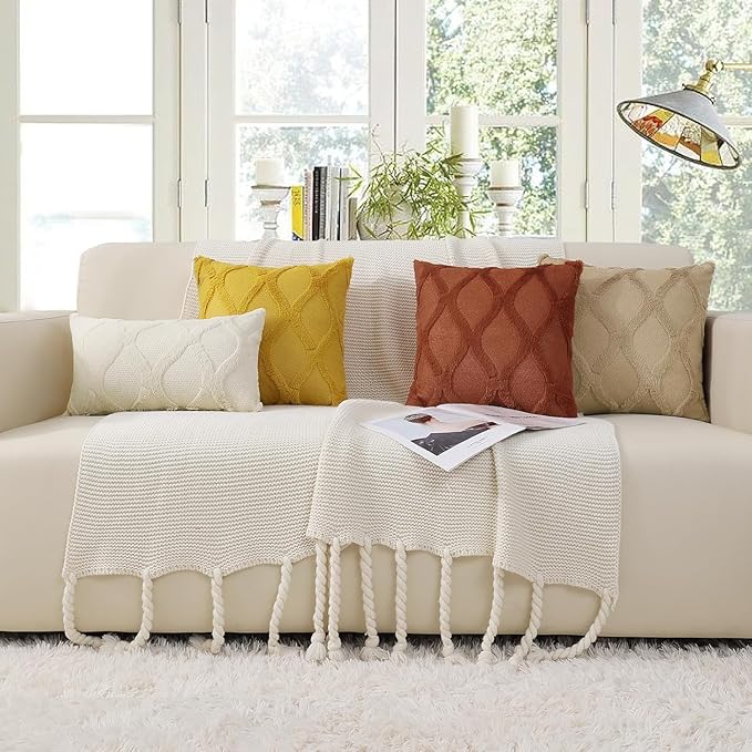 decorUhome Fall Throw Pillow Covers 24x24 Inch Set of 2, Soft Plush Faux Fur Wool Mustard Yellow Couch Pillow Covers, Decorative Neutral Pillow Cases for Bed Sofa Living Room Home Decor