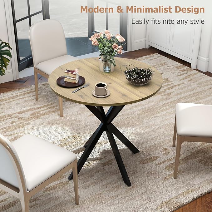 Round Dining Table, 31.5" Small Dining Table for 2-4, Round Kitchen Table with Metal Black Legs, Modern Round Dining Room Table for Kitchen, Apartment, Living Room, Brown