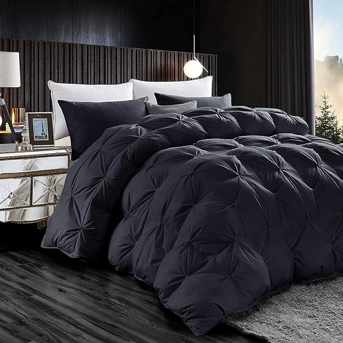 Luxurious All-Season Goose Down Feather Fiber Comforter King Size Duvet Insert, Exquisite Black Pinch Pleat Design, Premium Baffle Box, 100% Egyptian Cotton Cover, 70 oz. Fill Weight, Black