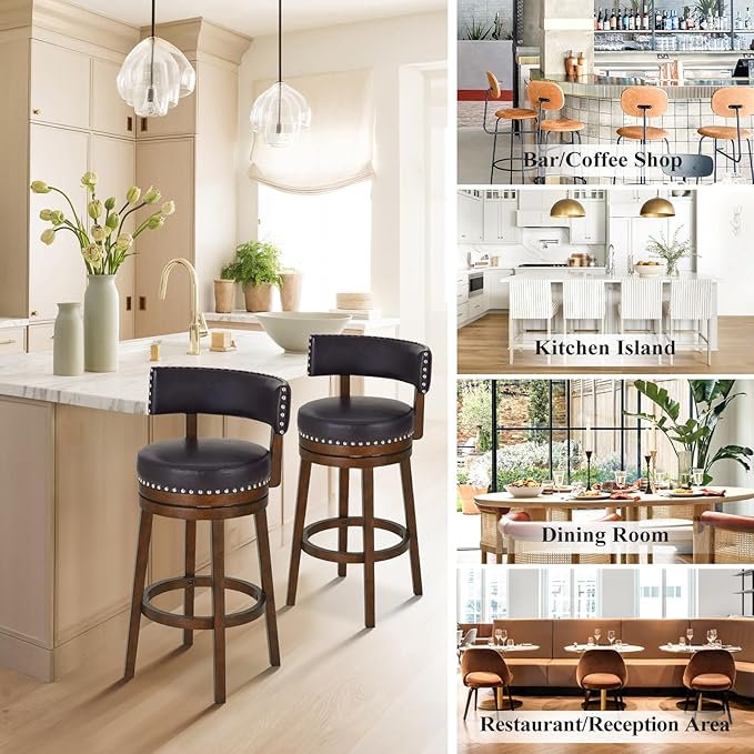 COLAMY Swivel Counter Height Bar Stools Set of 3, 30 Inch Modern Upholstered Kitchen Island Barstools with Back, Wood Swivel Bar Chairs for Counter Bar Dining Room, Dark Brown